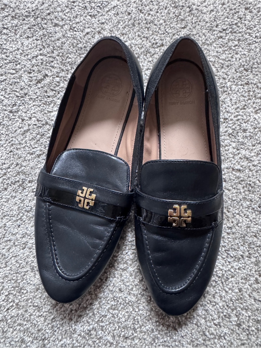 Tory Burch Black Leather Flats/Loafers with Gold Logo Accent